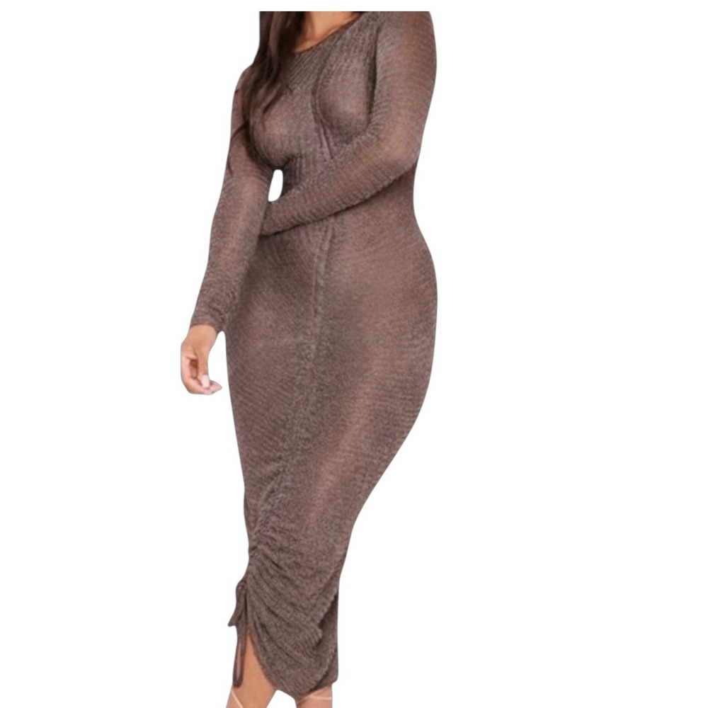 PrettyLittleThing Chocolate Brown Ruched Bodycon Maxi Dress Slinky Y2K‎ Sz 6 NWT